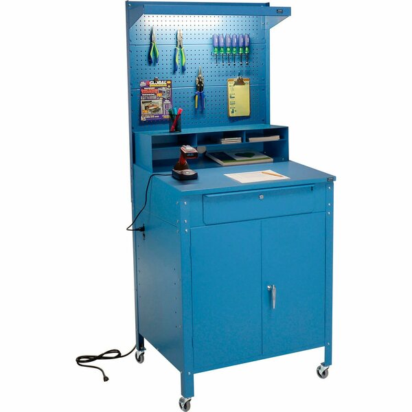 Global Industrial Mobile Cabinet Shop Desk w/ Pegboard & Top Shelf, 34-1/2inW x 30inD, Blue 249509CBL